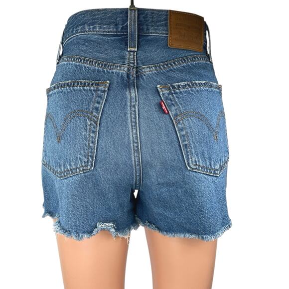 Levi's Ribcage Women's Blue High Waisted Distressed Cutoff Denim Jean Shorts 25 - Picture 3 of 6